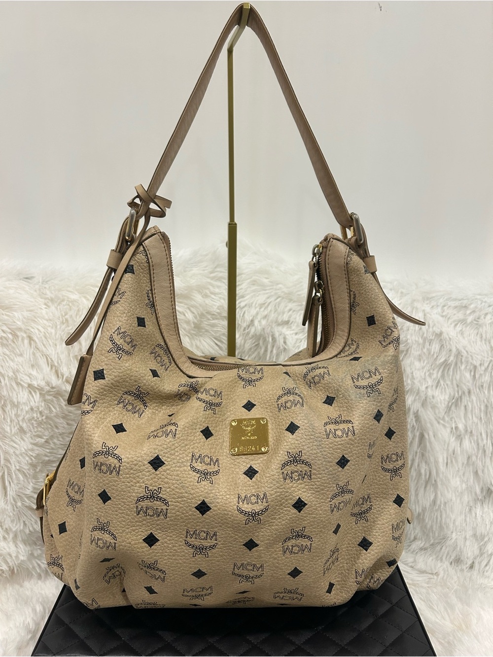 MCM Pleated Zippered Shoulder Tote - beige visetos